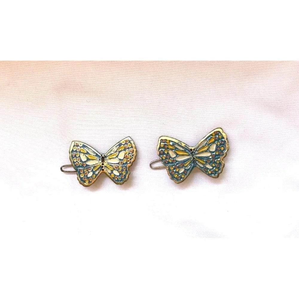 Vintage 70s Butterfly Hair Accessories Lot 3 Hairpins Barrettes Enamel Cloisonne